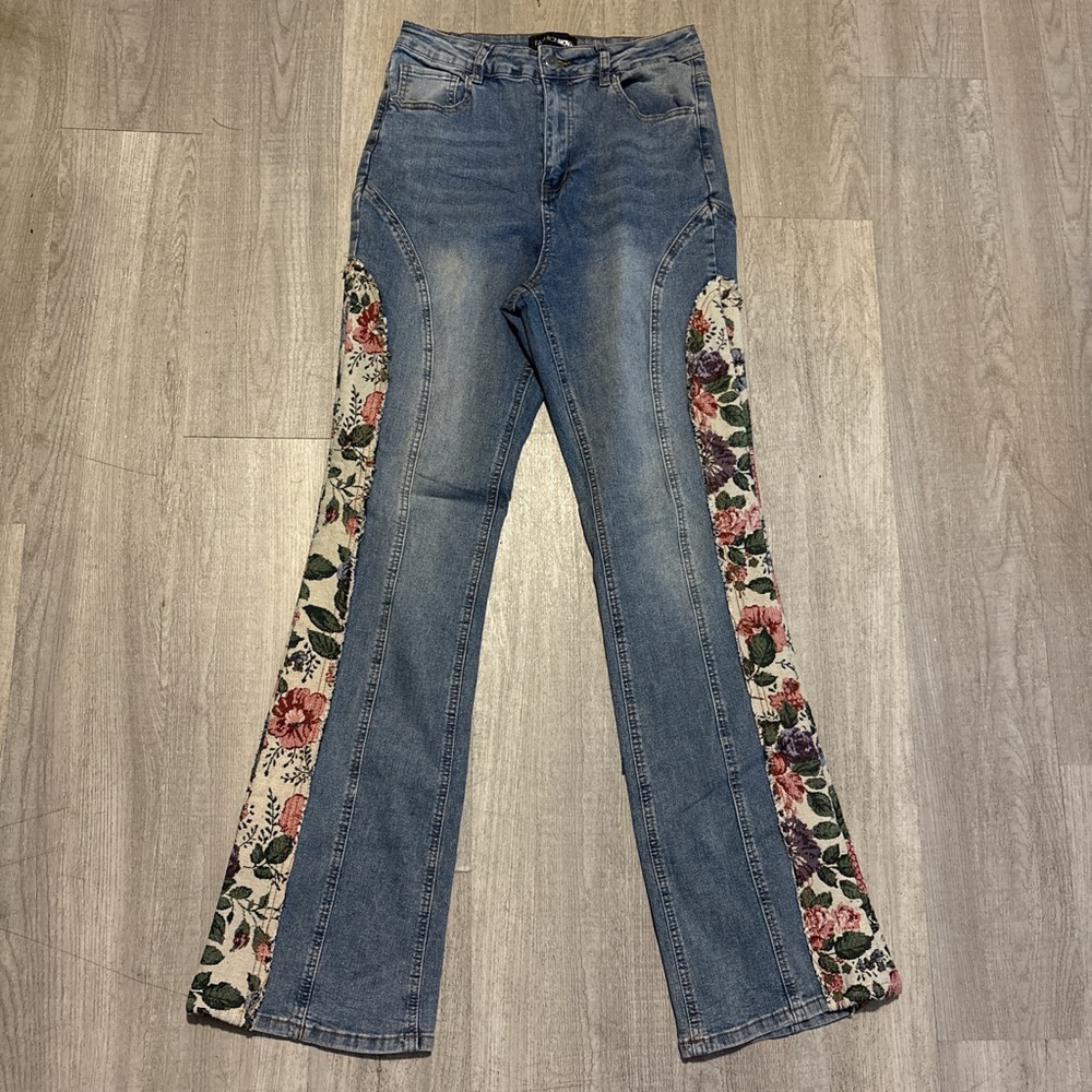 Fashion Nova Blue Floral Boot Cut Jeans